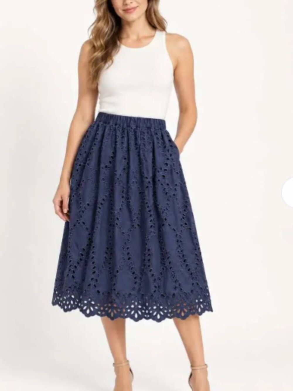 New Frank & Eileen Gracie Cotton Eyelet Midi Skirt Navy size Large Embroidered